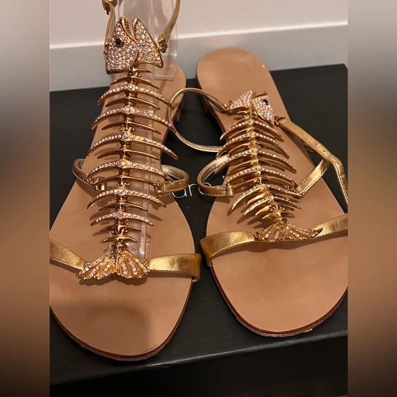 RARE Giuseppe Zanotti gold metallic leather 20th anniversary fish bone sandals - Picture 2 of 6